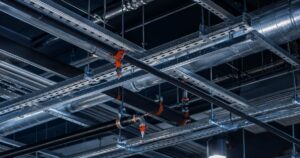 Canal Unistrut sosteniendo tuberías de sistema contra incendio con rociadores en plafón industrial